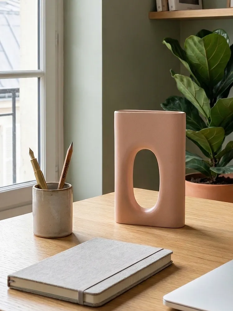 Vase Corpo en céramique rose présenté dans un intérieur près d’une fenêtre et d’une plante