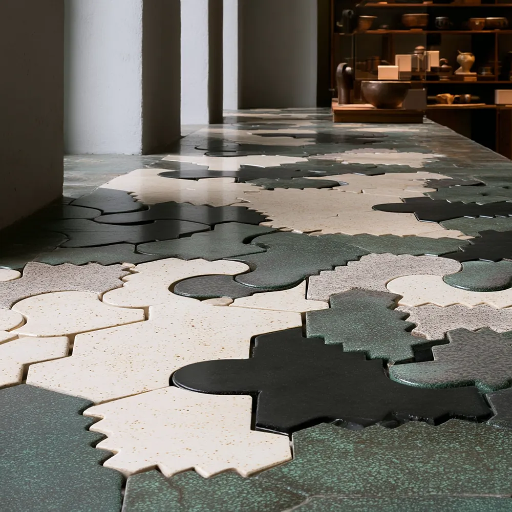 Visualisation d’un pavage intérieur composé de carreaux de grès émaillés noirs, verts et écrus